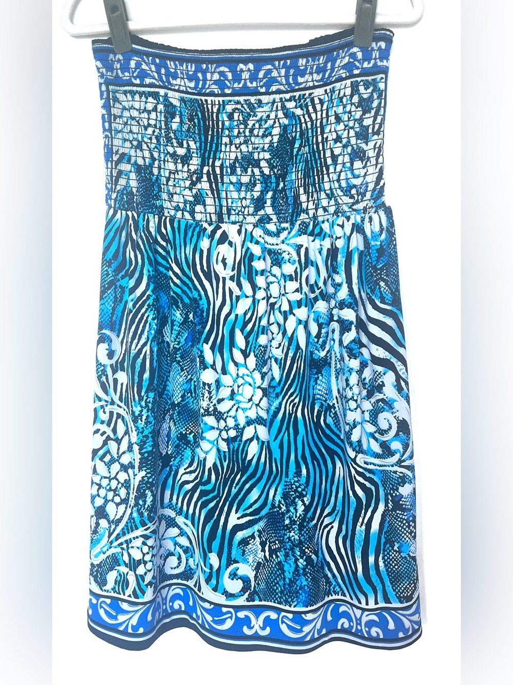 Cache Strapless Smocked Floral Mini Dress Blue Animal Print Mixed Media Medium